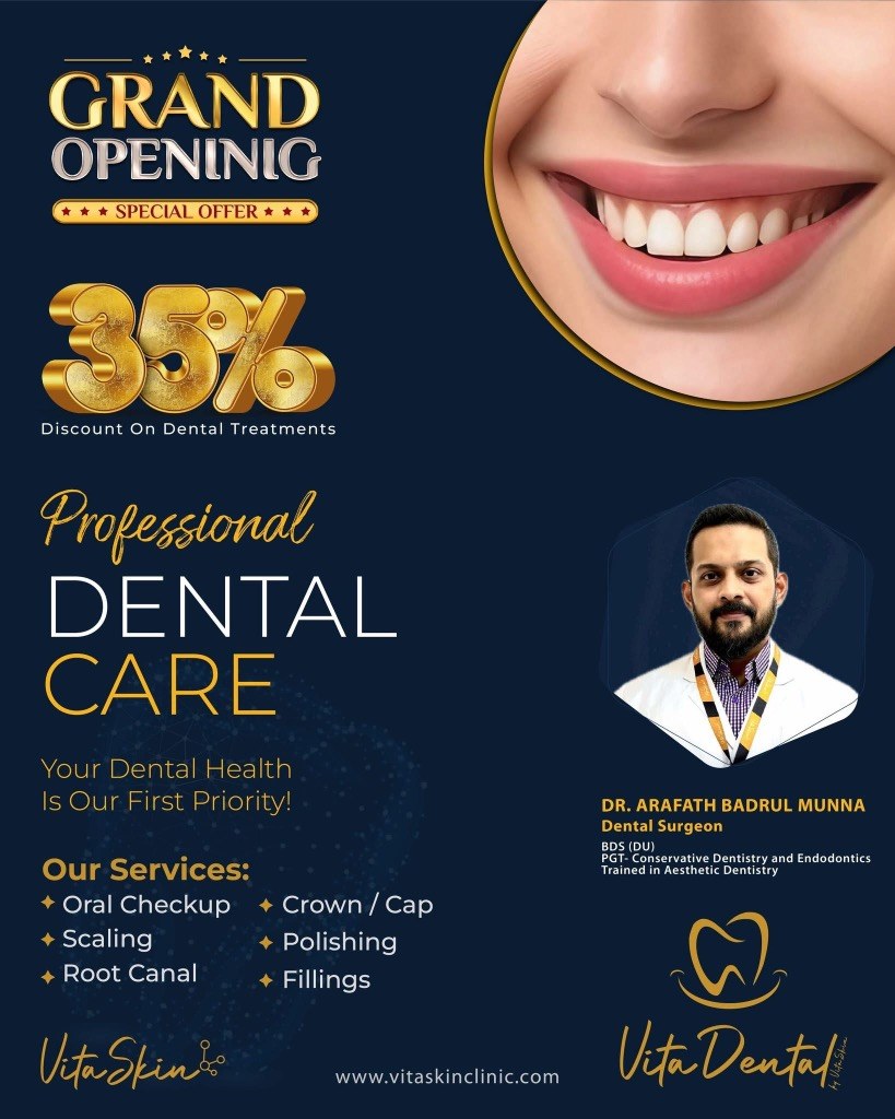 Grand Opening brochure with confirmed dental services and golden smiling tooth logo